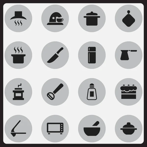 Набор из 16 настольных кулинарных иконок. Includes Symbols such as Cookware, Kitchen Hood, Coffee Pot and More. Can be used for Web, Mobile, UI and Infographic Design . — стоковый вектор