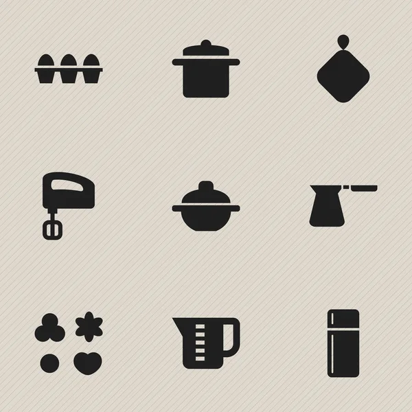 Set von 9 editierbaren Koch-Symbolen. beinhaltet Symbole wie Topfhalter, Topf, Rührwerk und mehr. kann für Web-, Mobil-, UI- und Infografik-Design verwendet werden. — Stockvektor