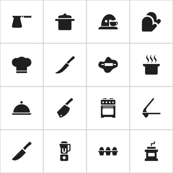 Set von 16 editierbaren Menüsymbolen. beinhaltet Symbole wie Eierkarton, Küchenhandschuh, Kochgeschirr und mehr. kann für Web-, Mobil-, UI- und Infografik-Design verwendet werden. — Stockvektor
