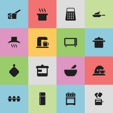 16 düzenlenebilir yemek simgeler kümesi. Shredder, ızgara ve fırın gibi simgeler içerir. Web, mobil, UI ve Infographic tasarımı için kullanılabilir.