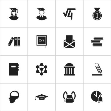 16 düzenlenebilir okul simgeler kümesi. Blackboard, molekül, mahkeme ve daha fazlası gibi simgeler içerir. Web, mobil, UI ve Infographic tasarımı için kullanılabilir.