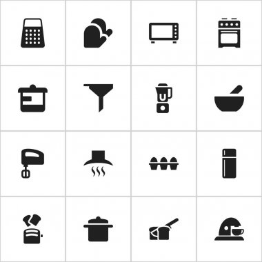 16 düzenlenebilir gıda simgeler kümesi. Tencere, fırın, gereçler ve daha fazlası gibi simgeler içerir. Web, mobil, UI ve Infographic tasarımı için kullanılabilir.