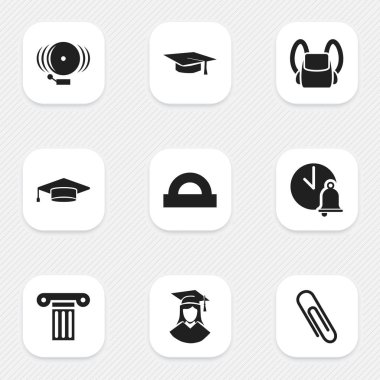 9 düzenlenebilir Üniversitesi simgeler kümesi. Mezun erkek, okul zili, çantanı ve daha fazlası gibi simgeler içerir. Web, mobil, UI ve Infographic tasarımı için kullanılabilir.