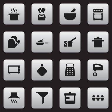 16 düzenlenebilir pişirme simgeler kümesi. Fırın, mutfak Hood, soba ve daha fazlası gibi simgeler içerir. Web, mobil, UI ve Infographic tasarımı için kullanılabilir.