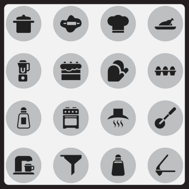 16 düzenlenebilir Cook simgeler kümesi. Bıçak Roller, kırıcı, mutfak Hood ve daha fazlası gibi simgeler içerir. Web, mobil, UI ve Infographic tasarımı için kullanılabilir.