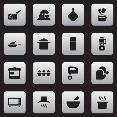 16 düzenlenebilir yemek simgeler kümesi. Mutfak eldiveni, tencere, gereçler ve daha fazlası gibi simgeler içerir. Web, mobil, UI ve Infographic tasarımı için kullanılabilir.