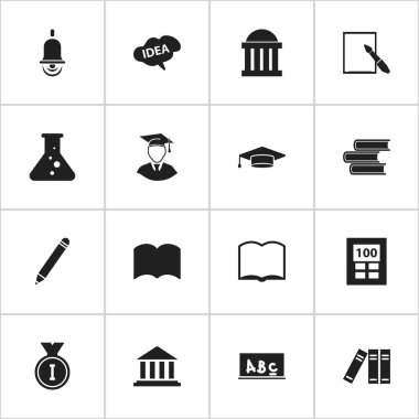 16 düzenlenebilir eğitim simgeler kümesi. Notepaper, Alarm zili, kitap ve daha fazlası gibi simgeler içerir. Web, mobil, UI ve Infographic tasarımı için kullanılabilir.