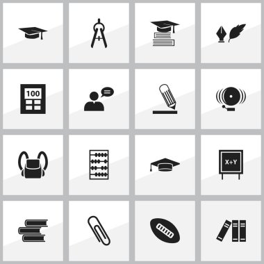 16 düzenlenebilir okul simgeler kümesi. Hesap makinesi, çantanı, edebiyat ve daha fazlası gibi simgeler içerir. Web, mobil, UI ve Infographic tasarımı için kullanılabilir.