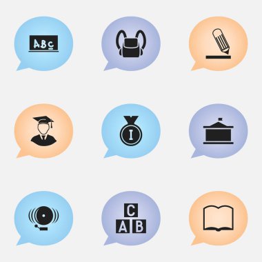 9 düzenlenebilir okul simgeler kümesi. Diplomaed erkek, yüzük, kitap ve daha fazlası gibi simgeler içerir. Web, mobil, UI ve Infographic tasarımı için kullanılabilir.