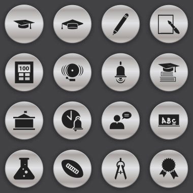 16 düzenlenebilir mezuniyet simgeler kümesi. Kimya, hesap makinesi, okul yönetimi ve daha fazlası gibi simgeler içerir. Web, mobil, UI ve Infographic tasarımı için kullanılabilir.