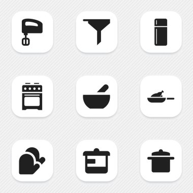 9 düzenlenebilir yemek simgeler kümesi. Gereçler, karıştırıcı, buzdolabı ve daha fazlası gibi simgeler içerir. Web, mobil, UI ve Infographic tasarımı için kullanılabilir.