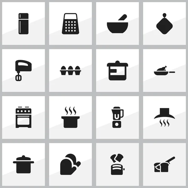 Набор из 16 редактируемых пищевых икон. Включает в себя такие символы, как миксер, кухонная перчатка, ломтик хлеба. Can be used for Web, Mobile, UI and Infographic Design . — стоковый вектор