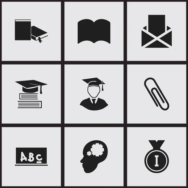 Набор из 9 табличных иконок градуации. Includes Symbols such as Creative Idea, Staple, School Board and More. Can be used for Web, Mobile, UI and Infographic Design . — стоковый вектор