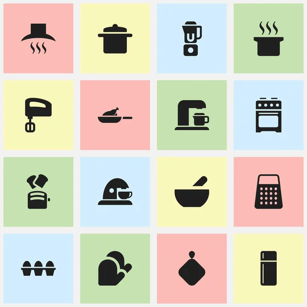 Készlet 16 szerkeszthető Cook ikonok. Edények, keverő, konyhai kesztyű, és szimbólumokat tartalmaz. Lehet használni a Web, mobil, Ui és Infographic Design. — Stock Vector