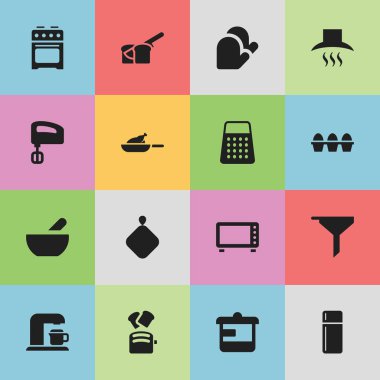 16 düzenlenebilir Cook simgeler kümesi. Buzdolabı, içecek makinesi ve fırın gibi simgeler içerir. Web, mobil, UI ve Infographic tasarımı için kullanılabilir.