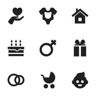 9 düzenlenebilir aile simgeler kümesi. Kalp, elbise, Hoop ve daha fazlası gibi simgeler içerir. Web, mobil, UI ve Infographic tasarımı için kullanılabilir.