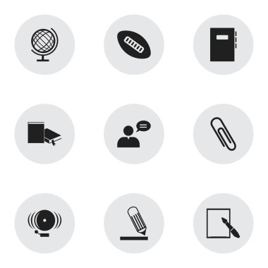 9 düzenlenebilir okul simgeler kümesi. Elyaf, yazma, düşünen adam ve daha fazlası gibi simgeler içerir. Web, mobil, UI ve Infographic tasarımı için kullanılabilir.