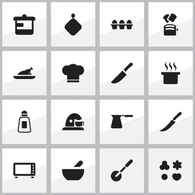 16 düzenlenebilir yemek simgeler kümesi. Kupası, kızarmış tavuk, bıçak ve daha fazlası gibi simgeler içerir. Web, mobil, UI ve Infographic tasarımı için kullanılabilir.