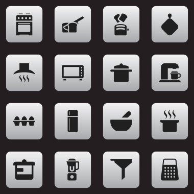 16 düzenlenebilir Cook simgeler kümesi. Shredder, mutfak Hood, el mikseri gibi simgeler içerir. Web, mobil, UI ve Infographic tasarımı için kullanılabilir.