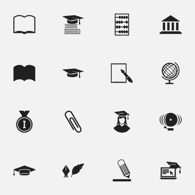 16 düzenlenebilir mezuniyet simgeler kümesi. Notepaper, dünya gezegen, mezuniyet şapka ve daha fazlası gibi simgeler içerir. Web, mobil, UI ve Infographic tasarımı için kullanılabilir.