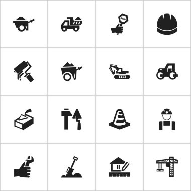 16 düzenlenebilir inşaat simgeler kümesi. Bodur, çalışan, Camion ve daha fazlası gibi simgeler içerir. Web, mobil, UI ve Infographic tasarımı için kullanılabilir.
