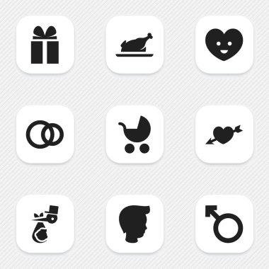 9 düzenlenebilir Kin simgeler kümesi. Ruh, sevgi, adam amblemi ve daha fazla gibi simgeler içerir. Web, mobil, UI ve Infographic tasarımı için kullanılabilir.