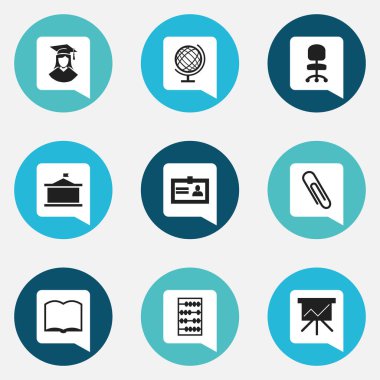 9 düzenlenebilir Üniversitesi simgeler kümesi. Grafik kartı, kitap, aritmetik ve daha fazlası gibi simgeler içerir. Web, mobil, UI ve Infographic tasarımı için kullanılabilir.