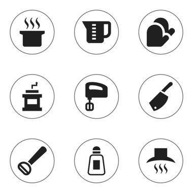 9 düzenlenebilir gıda simgeler kümesi. Karıştırıcı, Husker, Mensural gibi simgeler içerir ve daha fazlası. Web, mobil, UI ve Infographic tasarımı için kullanılabilir.