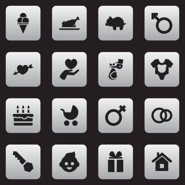 16 düzenlenebilir Kin simgeler kümesi. Hediye, aşk, adam amblemi ve daha fazlası gibi simgeler içerir. Web, mobil, UI ve Infographic tasarımı için kullanılabilir.