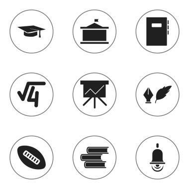 9 düzenlenebilir Üniversitesi simgeler kümesi. Oval topu, Alarm zili, grafik kartı ve daha fazlası gibi simgeler içerir. Web, mobil, UI ve Infographic tasarımı için kullanılabilir.