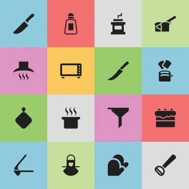 16 düzenlenebilir pişirme simgeler kümesi. Simgeleri gibi pasta, Çorba kazanı, ekmek ve daha fazlasını içerir. Web, mobil, UI ve Infographic tasarımı için kullanılabilir.