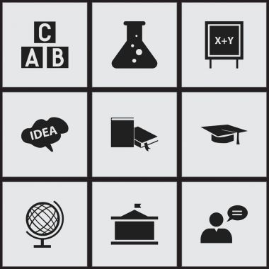 9 düzenlenebilir okul simgeler kümesi. Akıl, adam, dünya gezegen ve daha fazla düşünme gibi simgeler içerir. Web, mobil, UI ve Infographic tasarımı için kullanılabilir.
