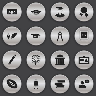 16 düzenlenebilir okul simgeler kümesi. Sertifika, okul yönetimi, dünya gezegen ve daha fazlası gibi simgeler içerir. Web, mobil, UI ve Infographic tasarımı için kullanılabilir.