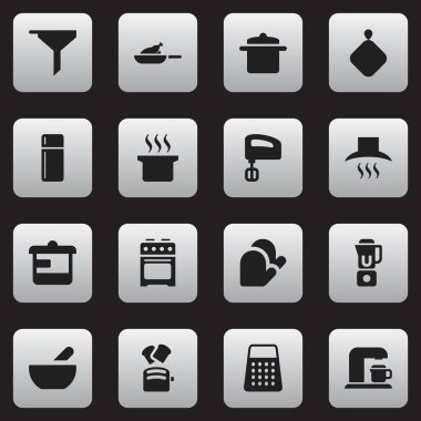 16 düzenlenebilir gıda simgeler kümesi. Gereçler, buzdolabı, içecek makinesi ve daha fazla gibi simgeler içerir. Web, mobil, UI ve Infographic tasarımı için kullanılabilir.