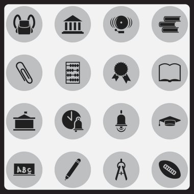 16 düzenlenebilir Üniversitesi simgeler kümesi. Okul zili, yüzük, elyaf ve daha fazlası gibi simgeler içerir. Web, mobil, UI ve Infographic tasarımı için kullanılabilir.