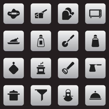 16 düzenlenebilir yemek simgeler kümesi. Tencere tutacağı, kırmızı biber, Husker ve daha fazlası gibi simgeler içerir. Web, mobil, UI ve Infographic tasarımı için kullanılabilir.