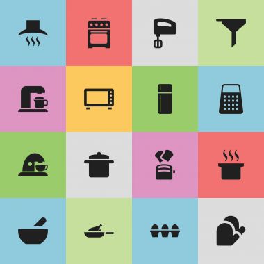 16 düzenlenebilir pişirme simgeler kümesi. İçecek makinesi, mutfak eldiveni, dilim ekmek ve daha fazla gibi simgeler içerir. Web, mobil, UI ve Infographic tasarımı için kullanılabilir.