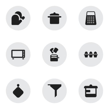 9 düzenlenebilir gıda simgeler kümesi. Tencere tutacağı, dilim ekmek, süzme gibi sembolleri ve daha fazlasını içerir. Web, mobil, UI ve Infographic tasarımı için kullanılabilir.