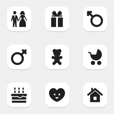 9 düzenlenebilir aile simgeler kümesi. Ruh, Perambulator, kadın üye ve daha fazla gibi simgeler içerir. Web, mobil, UI ve Infographic tasarımı için kullanılabilir.