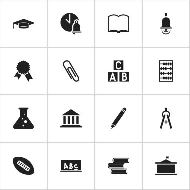 16 düzenlenebilir Üniversitesi simgeler kümesi. Kimya, Alarm zili, Müzesi ve daha fazlası gibi simgeler içerir. Web, mobil, UI ve Infographic tasarımı için kullanılabilir.