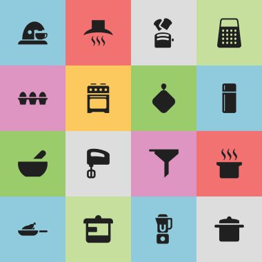 16 düzenlenebilir gıda simgeler kümesi. Kupası, dilim ekmek ve Çorba kazanı gibi simgeler içerir. Web, mobil, UI ve Infographic tasarımı için kullanılabilir.