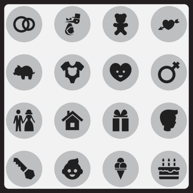 16 düzenlenebilir aile simgeler kümesi. Servet, ana sayfa ve hediye gibi simgeler içerir. Web, mobil, UI ve Infographic tasarımı için kullanılabilir.