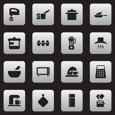 16 düzenlenebilir pişirme simgeler kümesi. Kupası, içecek makinesi, gereçler ve daha fazla gibi simgeler içerir. Web, mobil, UI ve Infographic tasarımı için kullanılabilir.