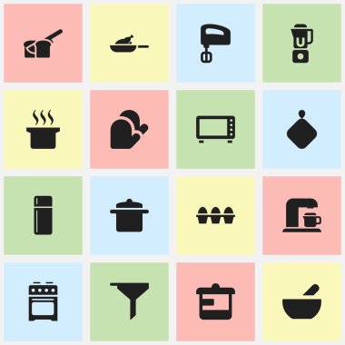 16 düzenlenebilir Cook simgeler kümesi. El mikseri, ızgara, fırın gibi simgeler içerir. Web, mobil, UI ve Infographic tasarımı için kullanılabilir.