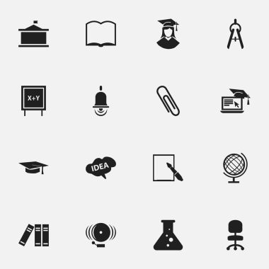 16 düzenlenebilir mezuniyet simgeler kümesi. Zihin, matematik aracı, kitap ve daha fazlası gibi simgeler içerir. Web, mobil, UI ve Infographic tasarımı için kullanılabilir.