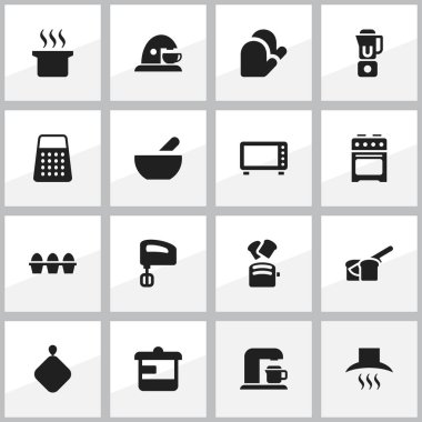16 düzenlenebilir Cook simgeler kümesi. Mutfak Hood, parçalayıcı, mutfak eldiveni ve daha fazlası gibi simgeler içerir. Web, mobil, UI ve Infographic tasarımı için kullanılabilir.