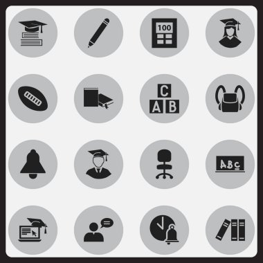 16 düzenlenebilir okul simgeler kümesi. Mezun erkek, düşünen adam, eğitim ve daha fazlası gibi simgeler içerir. Web, mobil, UI ve Infographic tasarımı için kullanılabilir.