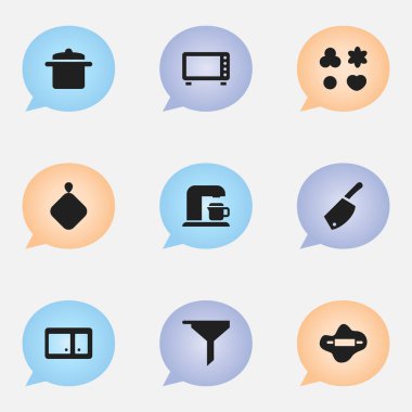 9 düzenlenebilir pişirme simgeler kümesi. Tencere tutacağı, fırın, Backsword ve daha fazlası gibi simgeler içerir. Web, mobil, UI ve Infographic tasarımı için kullanılabilir.