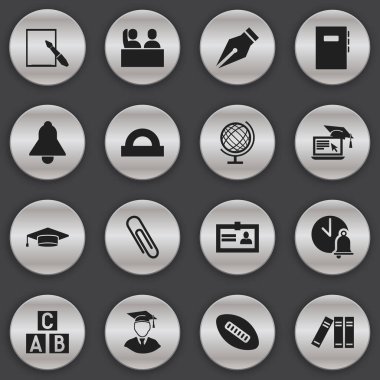 16 düzenlenebilir Üniversitesi simgeler kümesi. Uzaktan eğitim, Oval topu, çalışma kitabı ve daha fazlası gibi simgeler içerir. Web, mobil, UI ve Infographic tasarımı için kullanılabilir.