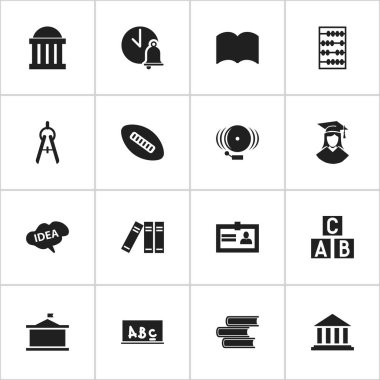 16 düzenlenebilir Üniversitesi simgeler kümesi. Kütüphane, sözlük, sertifika ve daha fazlası gibi simgeler içerir. Web, mobil, UI ve Infographic tasarımı için kullanılabilir.